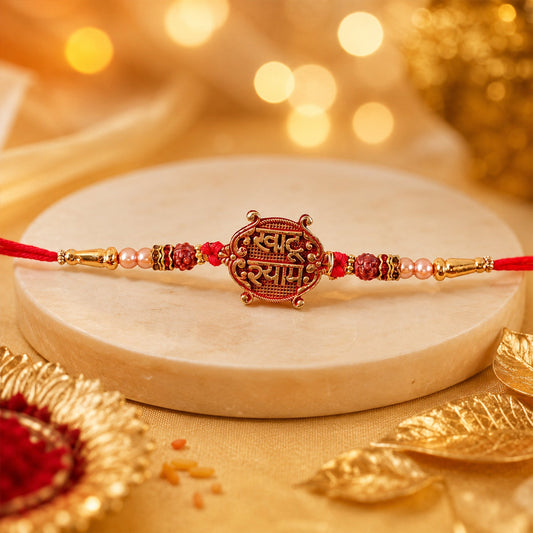 Khatu Shyam Antique Maroon Meenakari Pendant Rakhi with Rudraksha Beads