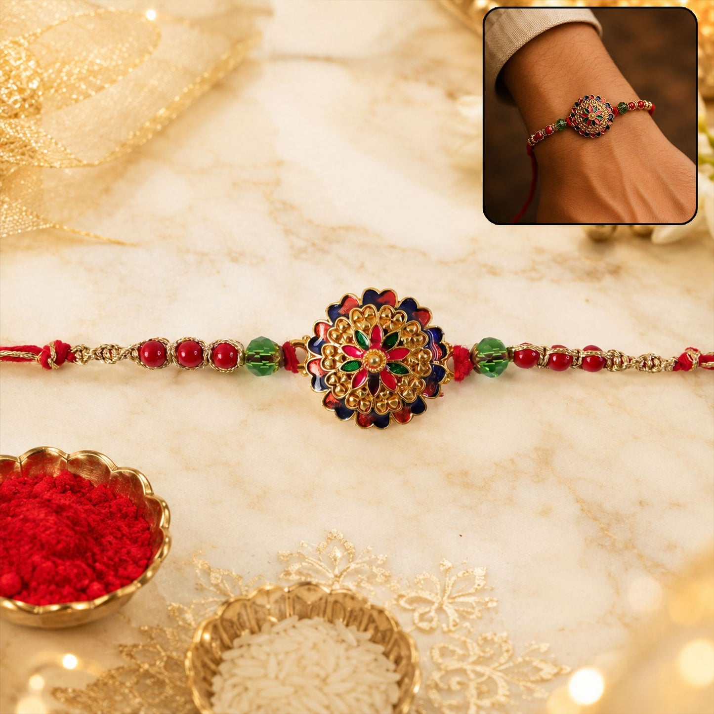 Multicolour Floral Meenakari Round Rakhi with Crystal Beads