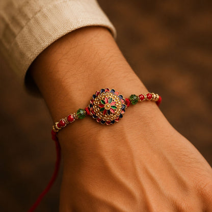 Multicolour Floral Meenakari Round Rakhi with Crystal Beads