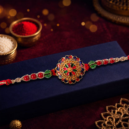 Multicolour Floral Meenakari Round Rakhi with Crystal Beads