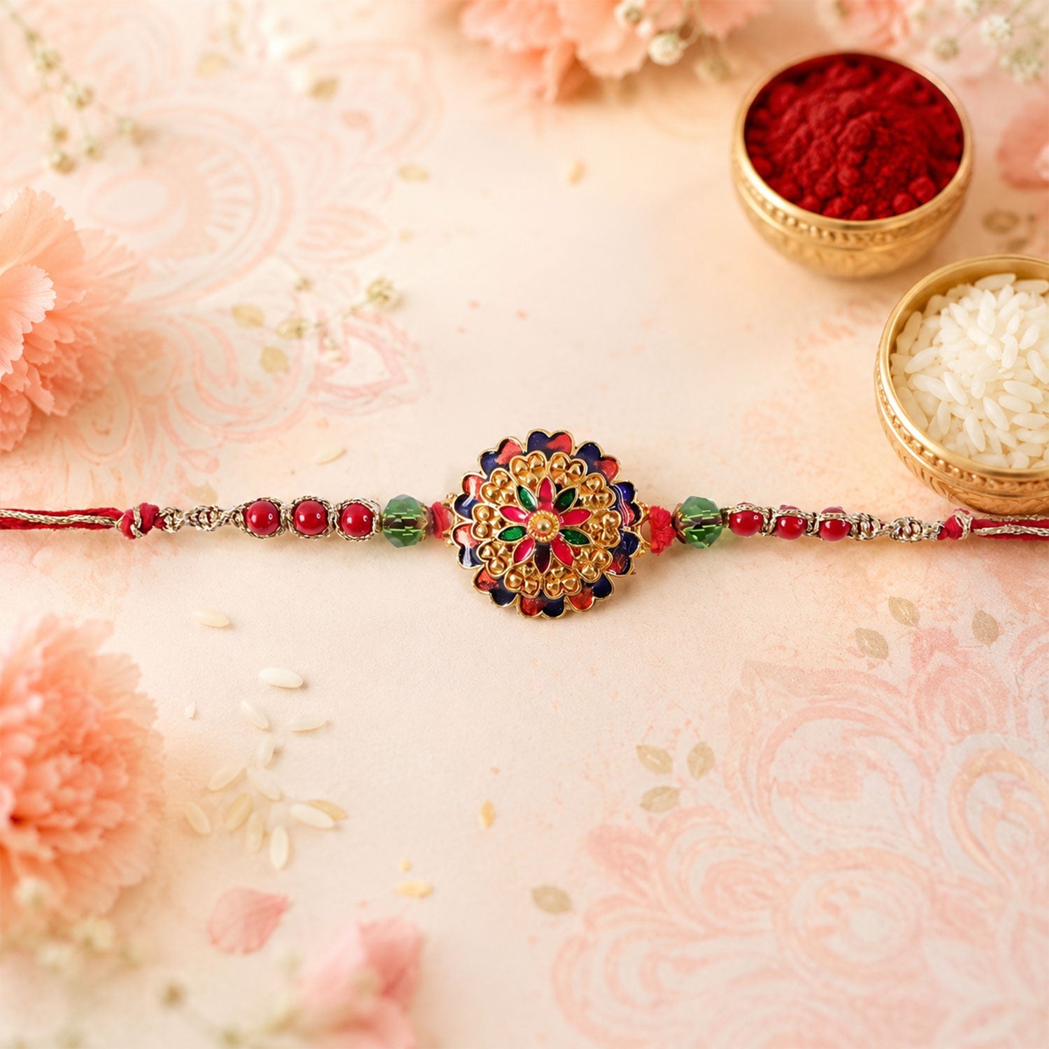 Multicolour Floral Meenakari Round Rakhi with Crystal Beads
