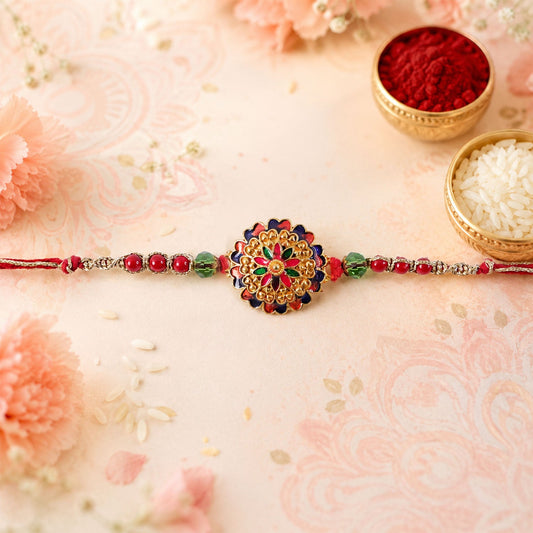 Multicolour Floral Meenakari Round Rakhi with Crystal Beads