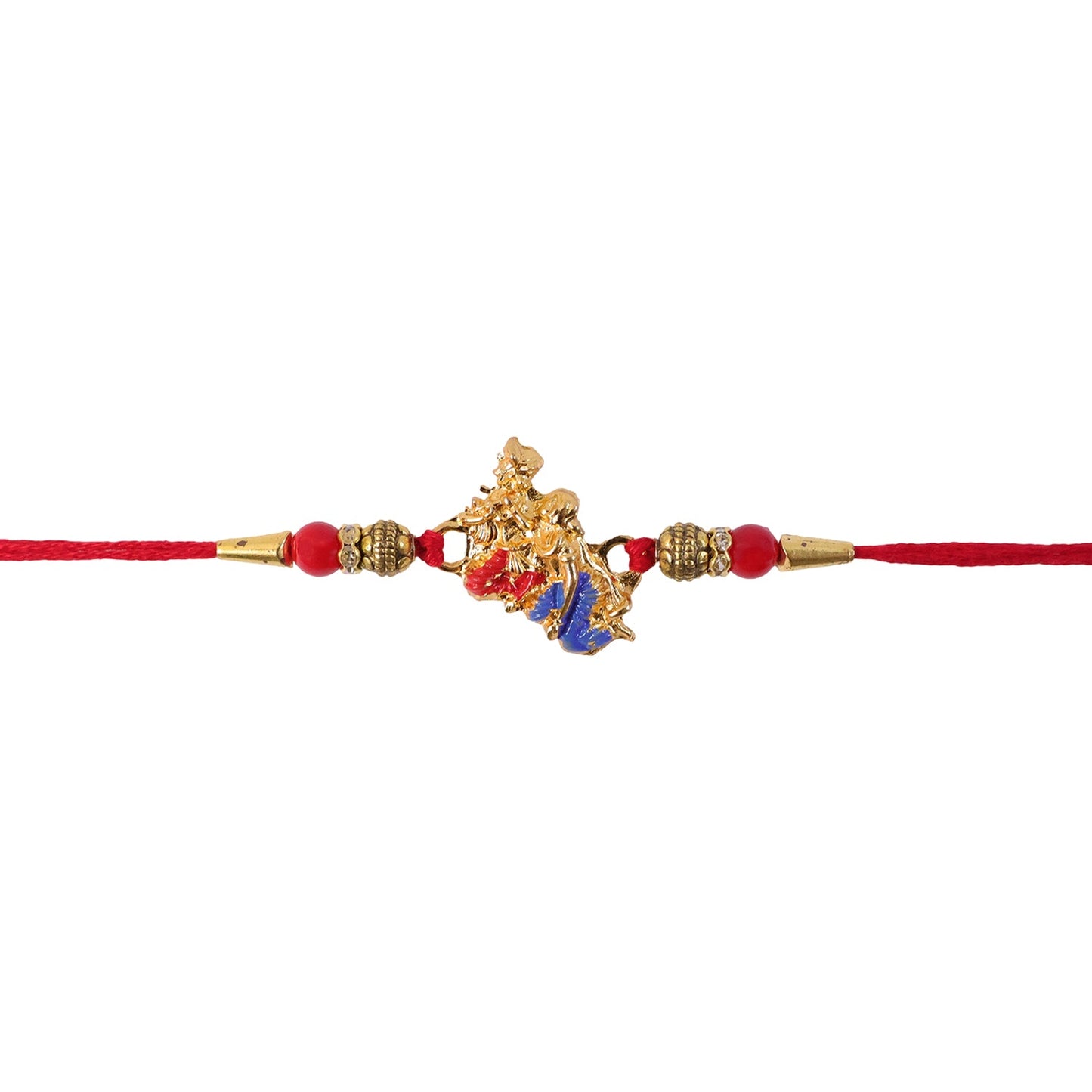 Golden Peacock (Mor) Rakhi with Blue Enamel & Red Beads