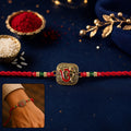 Antique Red Om Square Pendant Rakhi – Traditional Festive Design