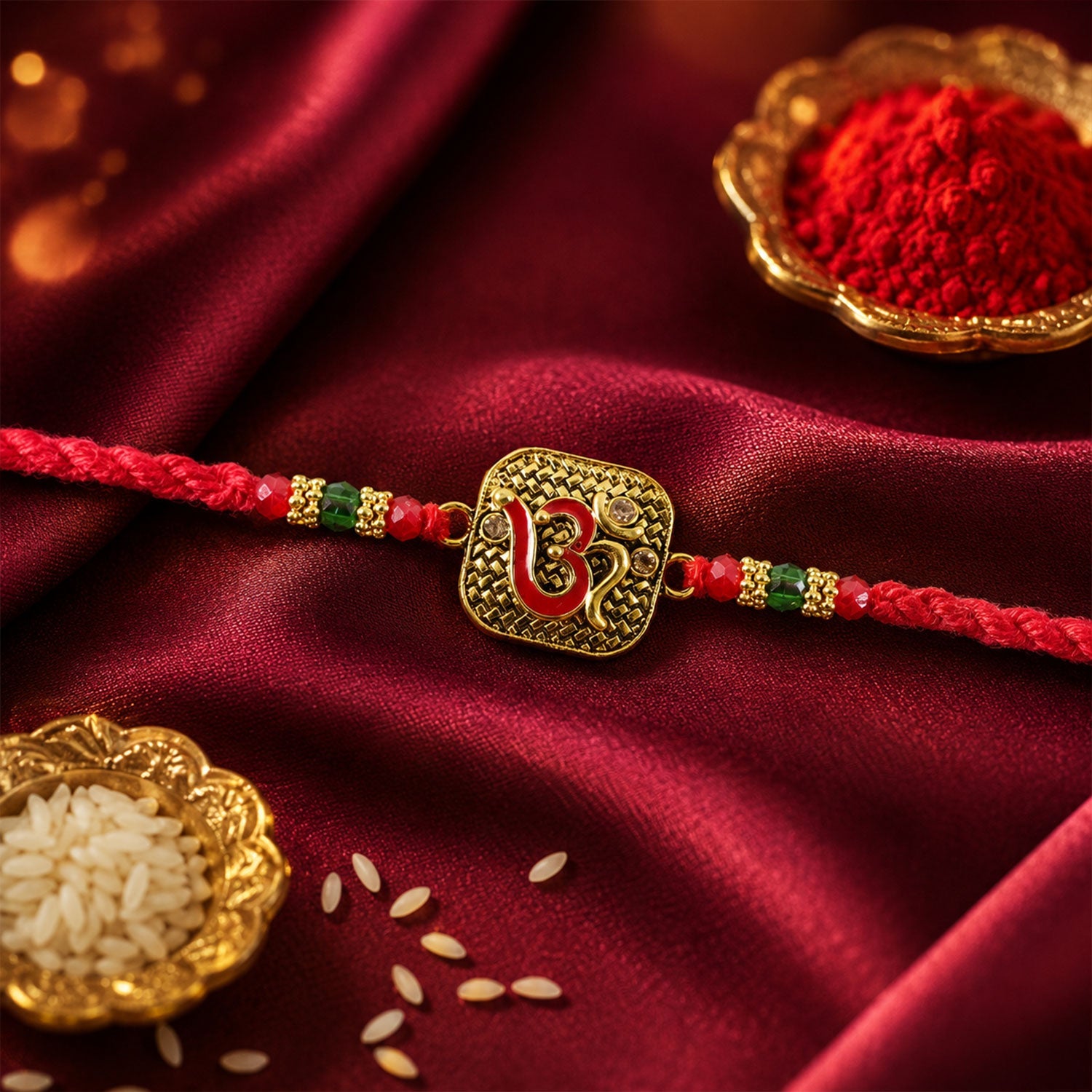 Antique Red Om (?) Square Pendant Rakhi on Braided Thread