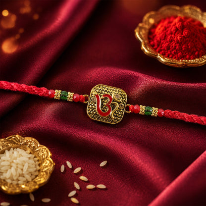 Antique Red Om (?) Square Pendant Rakhi on Braided Thread