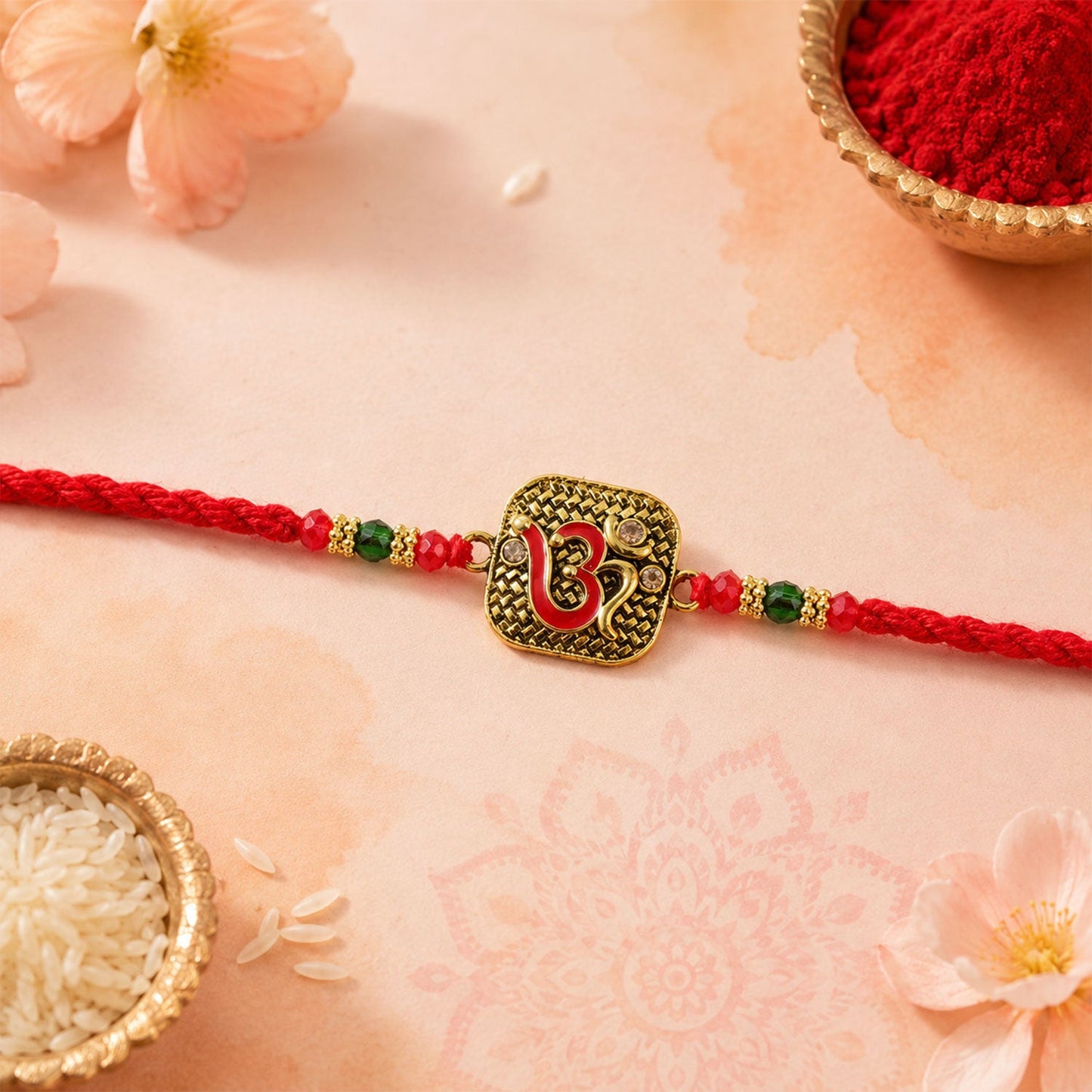 Antique Red Om (?) Square Pendant Rakhi on Braided Thread