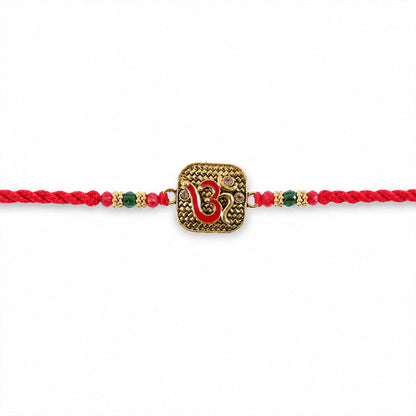 Antique Red Om (?) Square Pendant Rakhi on Braided Thread