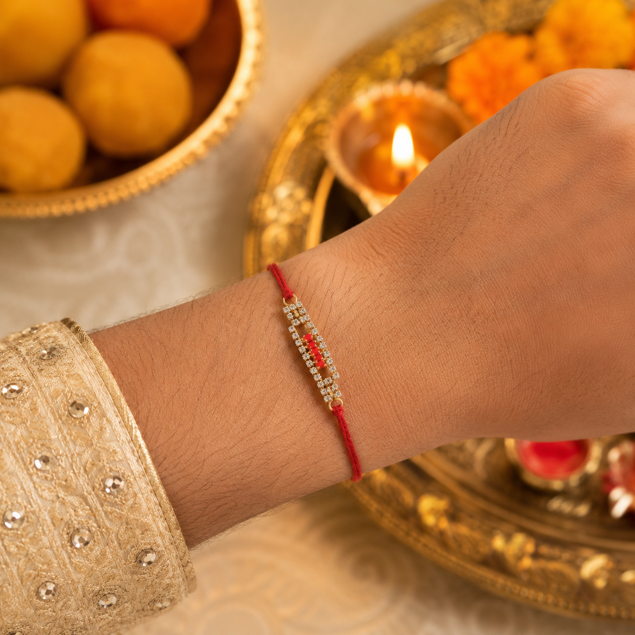 Slim American Diamond Studded Bar Rakhi on Red Thread