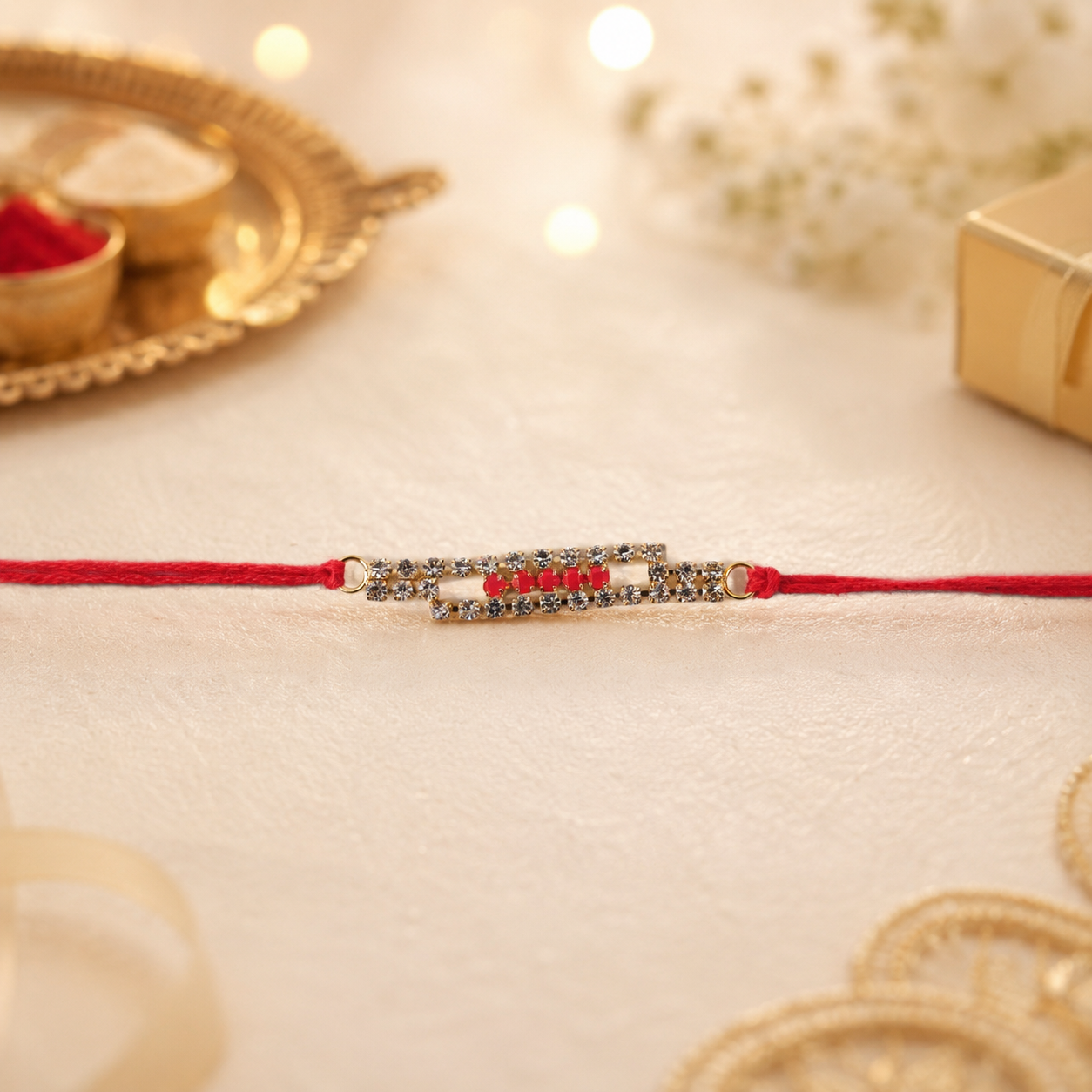 Slim American Diamond Studded Bar Rakhi on Red Thread