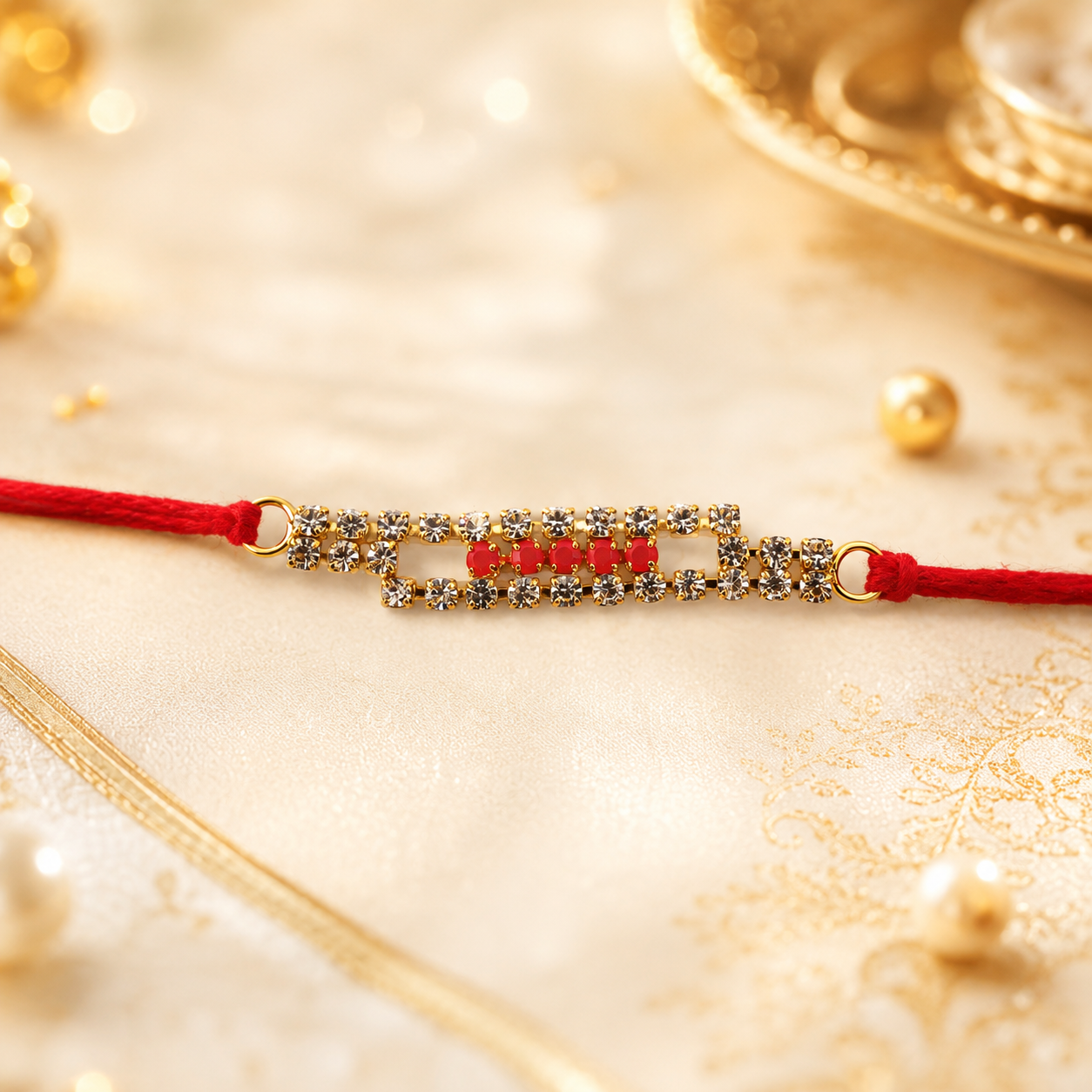 Slim American Diamond Studded Bar Rakhi on Red Thread