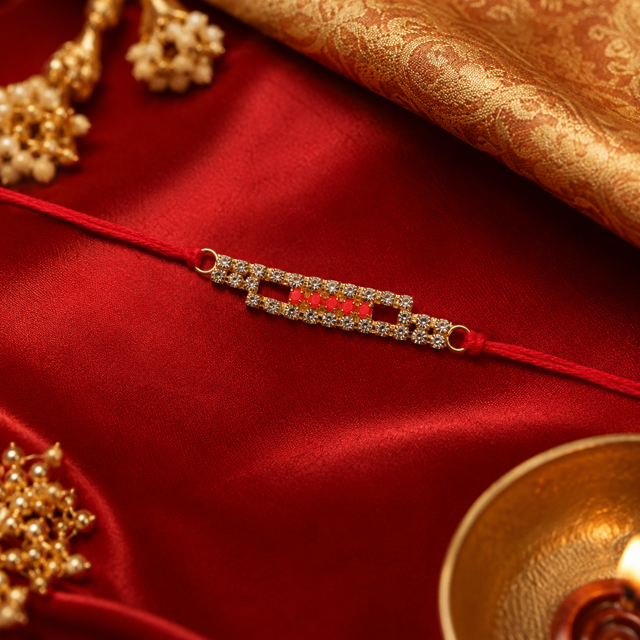 Slim American Diamond Studded Bar Rakhi on Red Thread