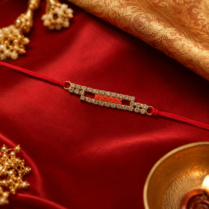 Slim American Diamond Studded Bar Rakhi on Red Thread