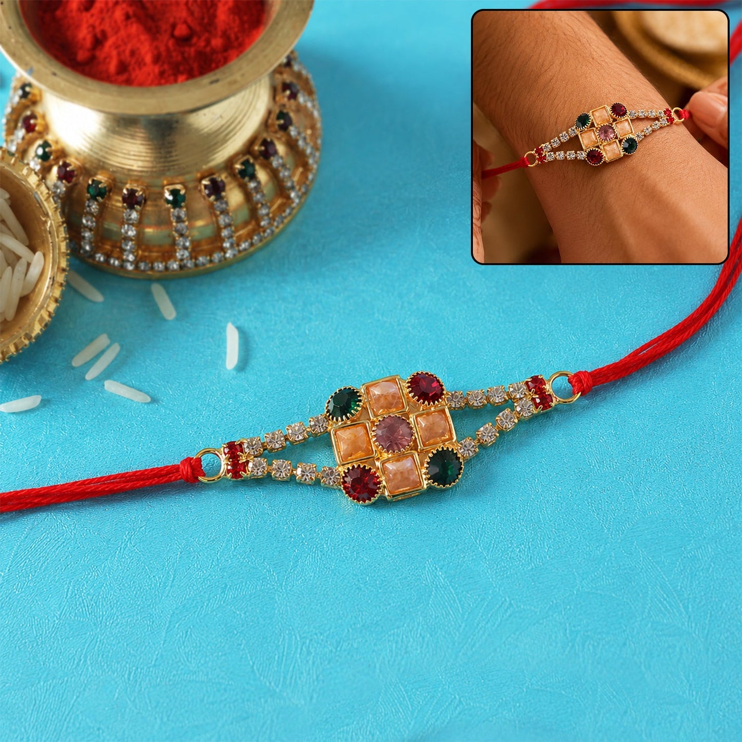 Navratna Kundan Stone Studded Rakhi with AD Border