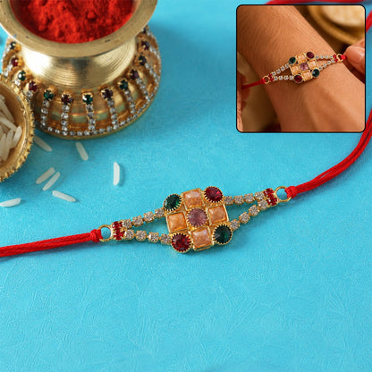 Navratna Kundan Stone Studded Rakhi with AD Border