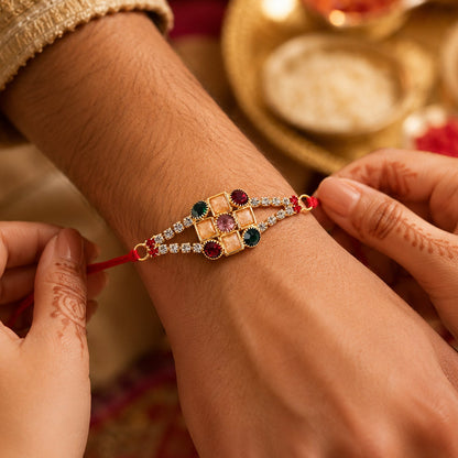 Navratna Kundan Stone Studded Rakhi with AD Border