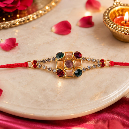 Navratna Kundan Stone Studded Rakhi with AD Border