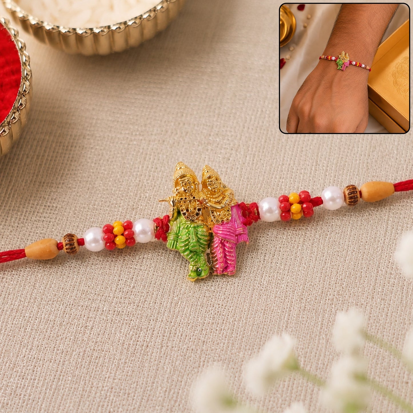 Lord Ganesha Rakhi with Pearls & Multicolour Beads