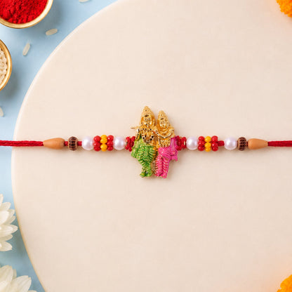 Lord Ganesha Rakhi with Pearls & Multicolour Beads