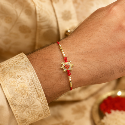 Petite Red Meenakari Round Rakhi with AD Chain