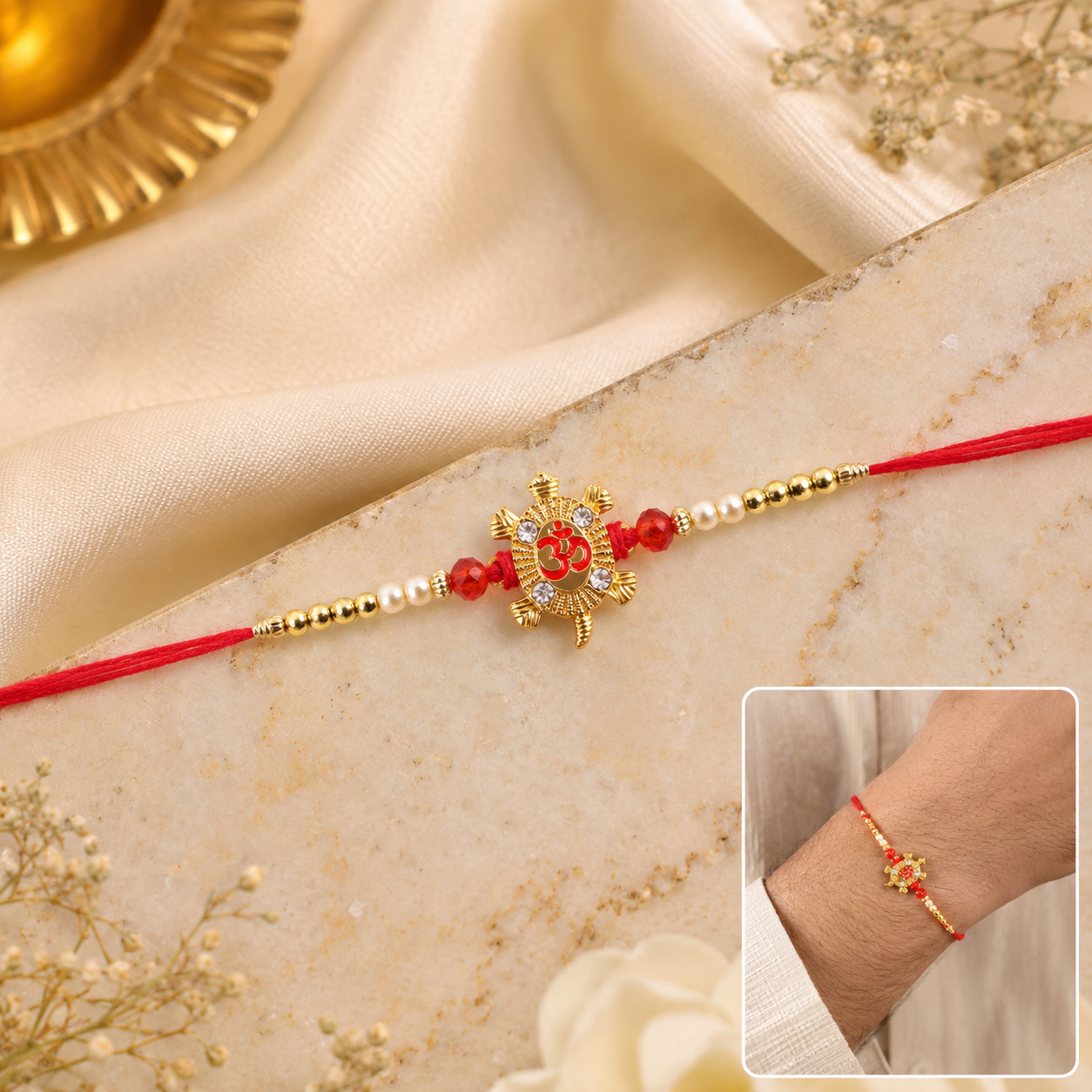 Petite Red Meenakari Round Rakhi with AD Chain
