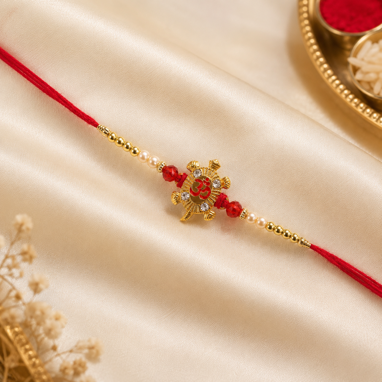 Petite Red Meenakari Round Rakhi with AD Chain