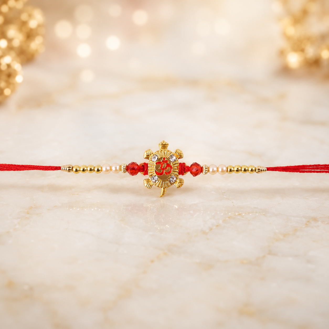 Petite Red Meenakari Round Rakhi with AD Chain