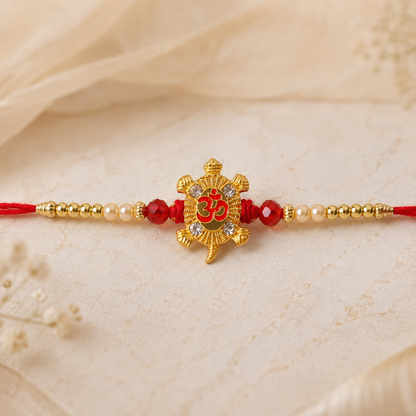 Petite Red Meenakari Round Rakhi with AD Chain