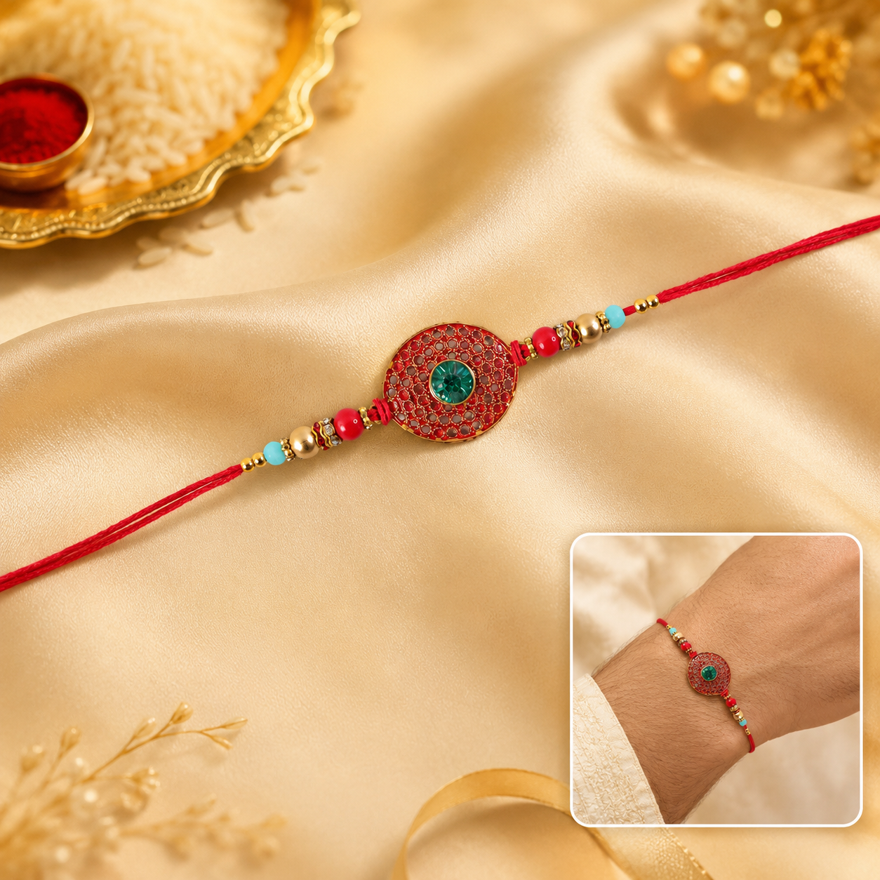 Bohemian Turquoise & Red Beaded Disc Rakhi