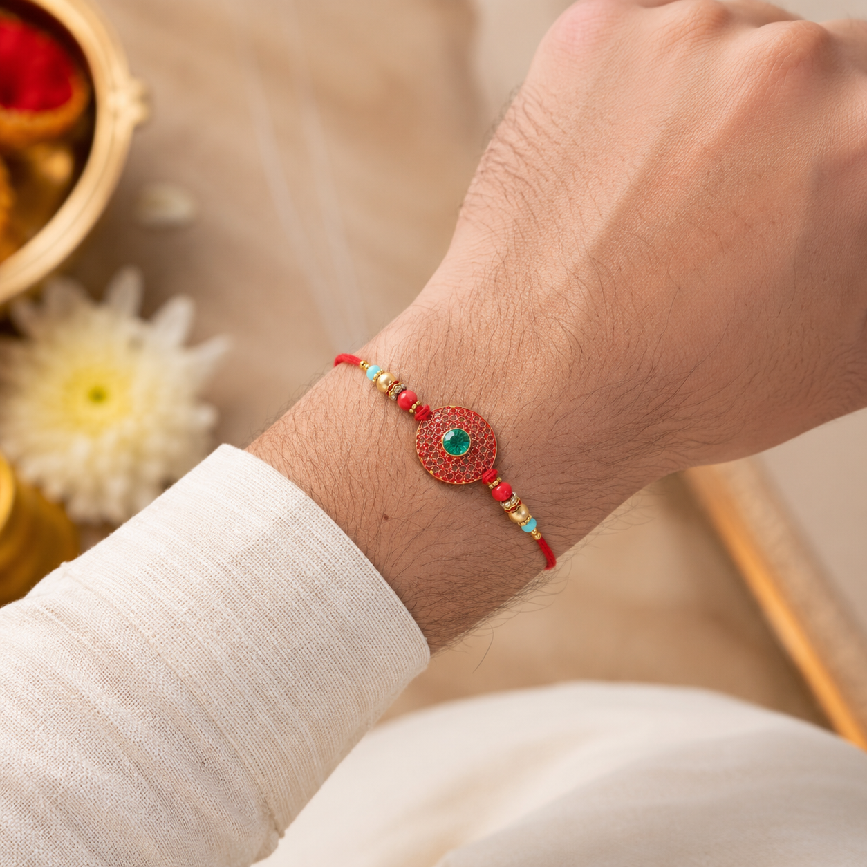 Bohemian Turquoise & Red Beaded Disc Rakhi