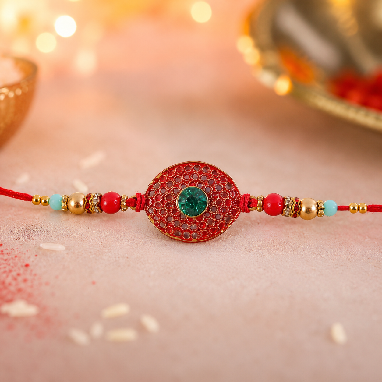 Bohemian Turquoise & Red Beaded Disc Rakhi