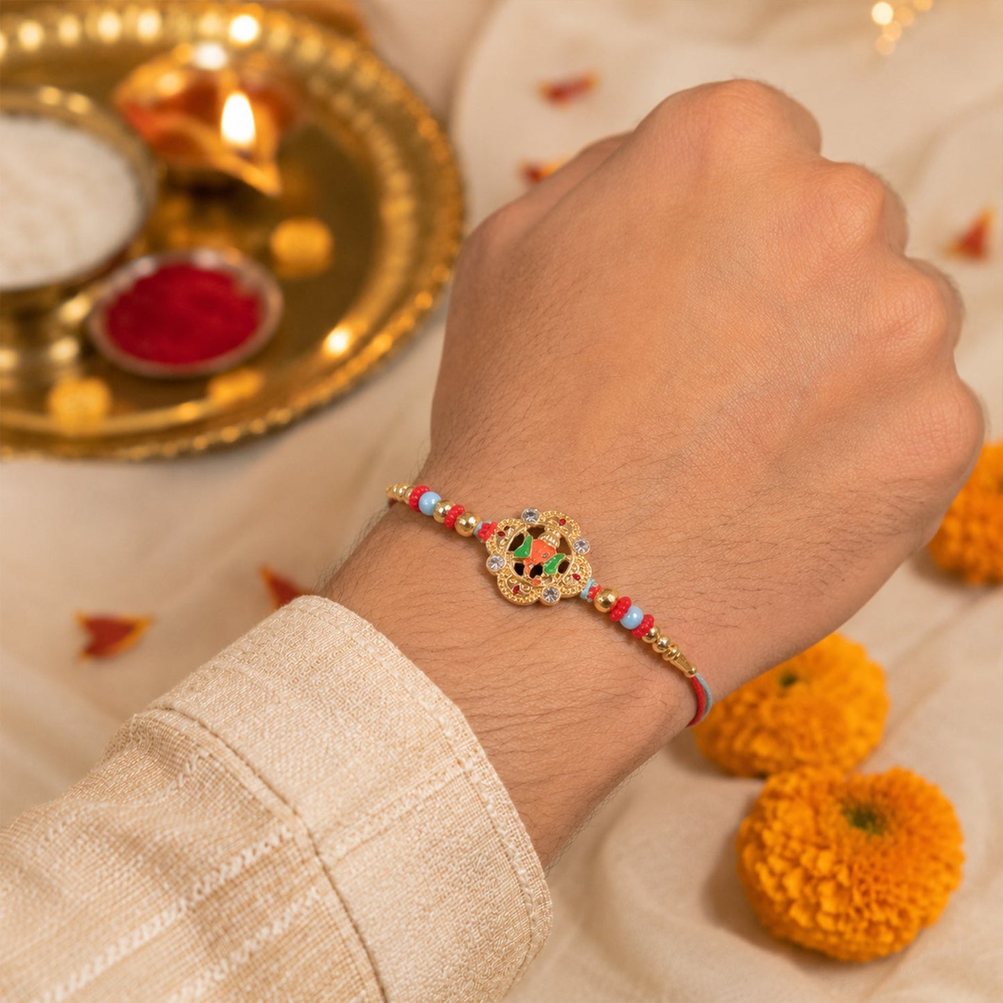 Colourful Floral Kundan Rakhi with Green Peacock Accent