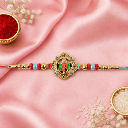 Colourful Floral Kundan Rakhi with Green Peacock Accent