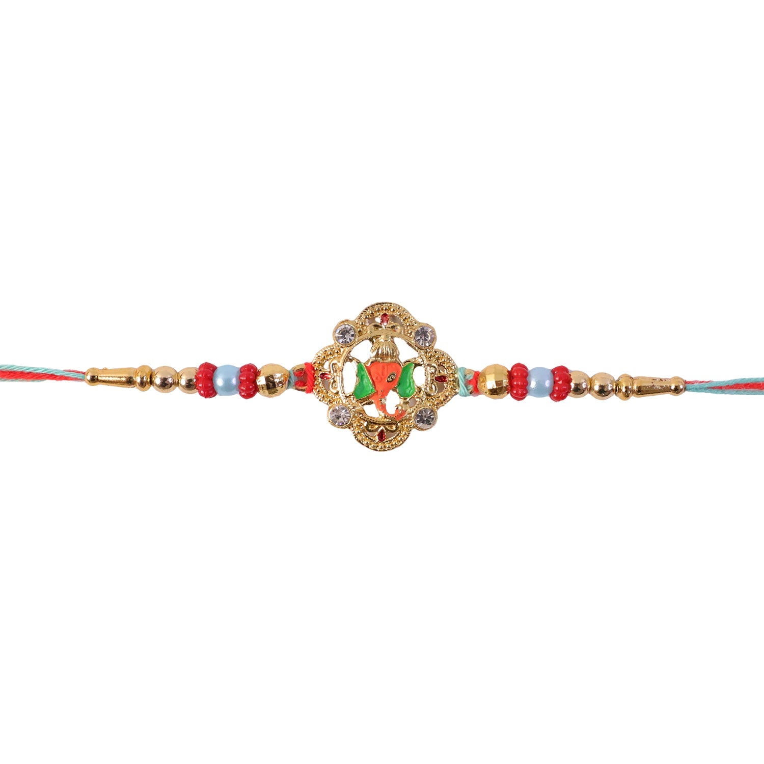Colourful Floral Kundan Rakhi with Green Peacock Accent