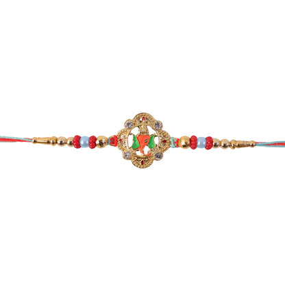 Colourful Floral Kundan Rakhi with Green Peacock Accent