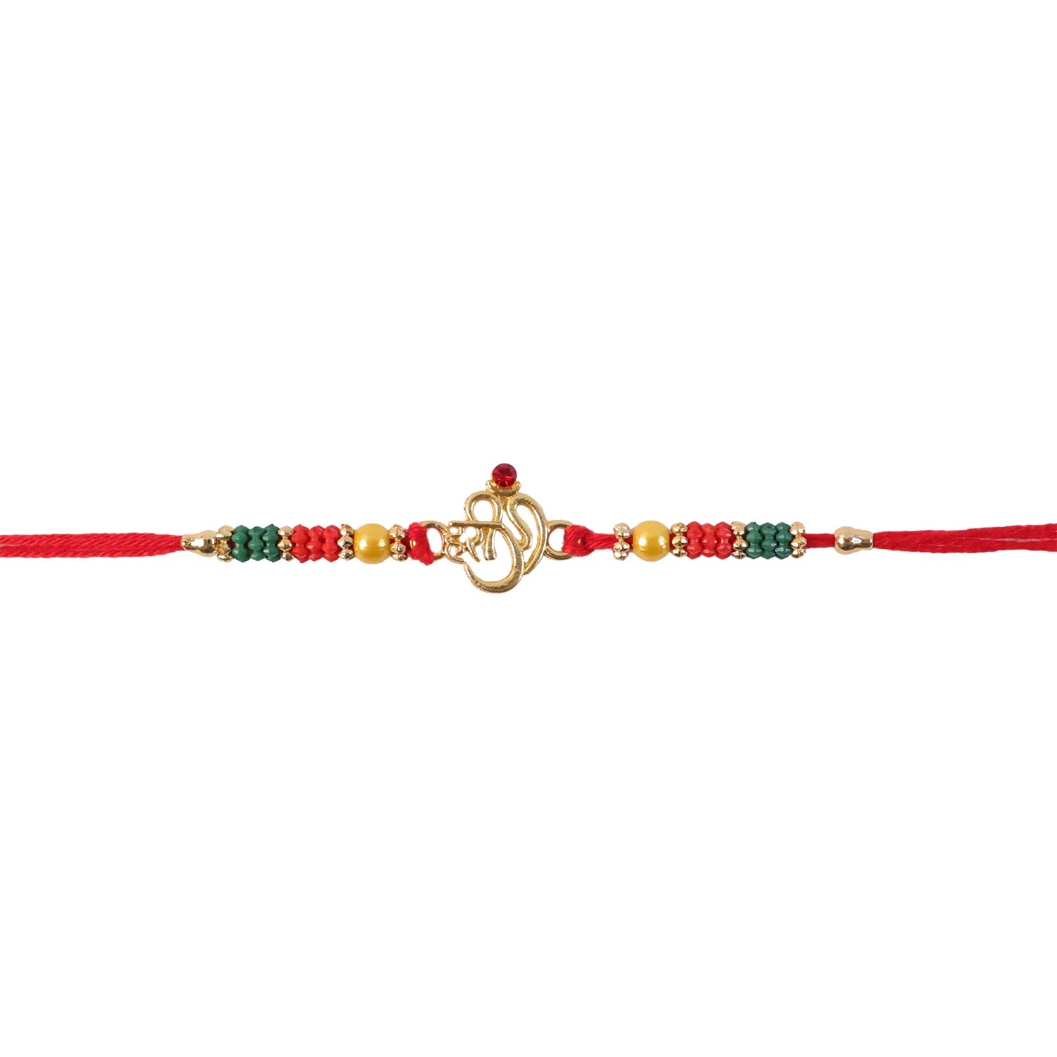 Golden Om (?) Rakhi with Red & Green Crystal Beads