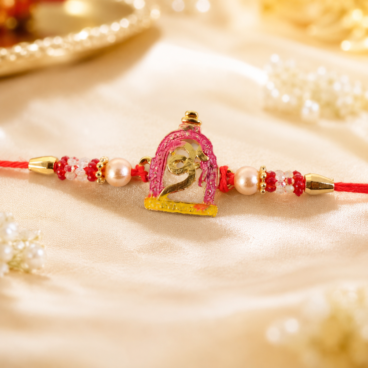 Petite Pink Meenakari Idol Rakhi with Pearl Beads