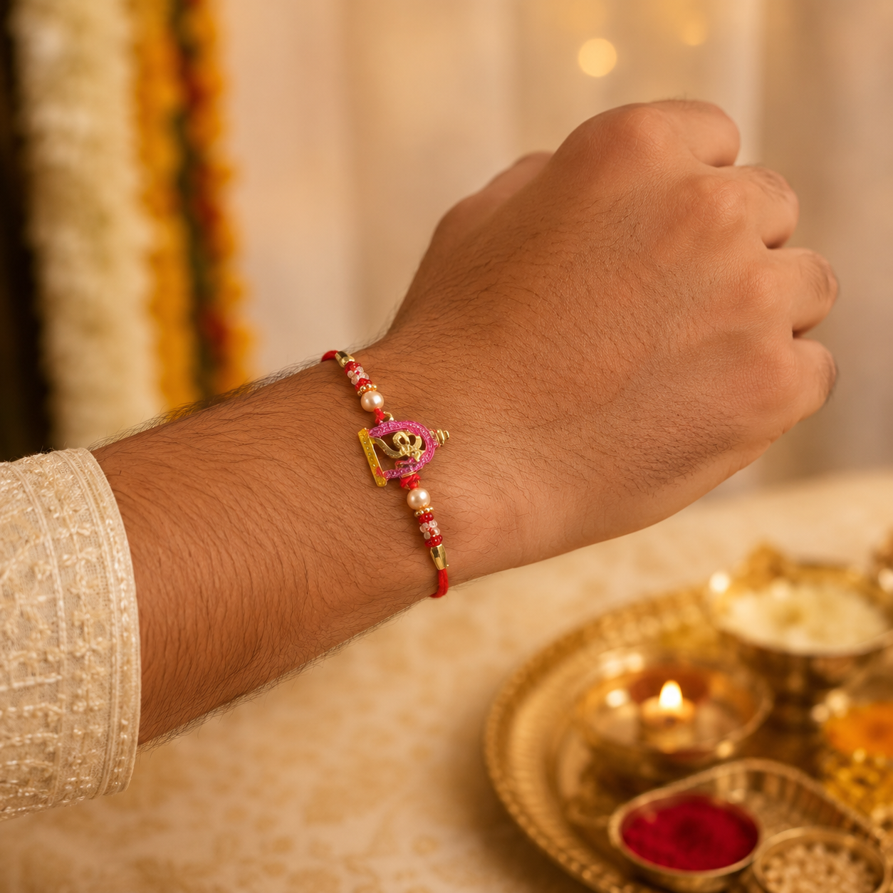 Petite Pink Meenakari Idol Rakhi with Pearl Beads