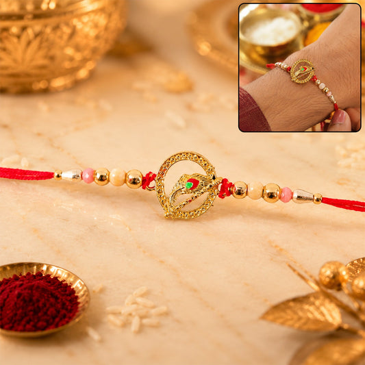 Golden Peacock Spiral Rakhi with Beads