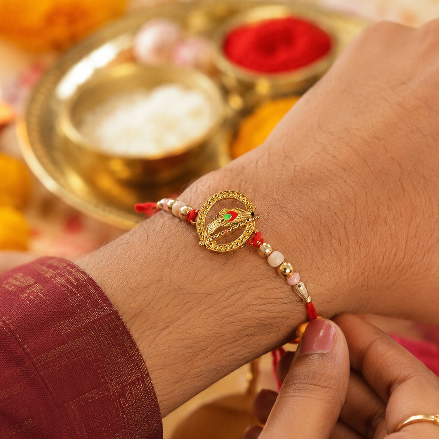 Golden Peacock Spiral Rakhi with Beads