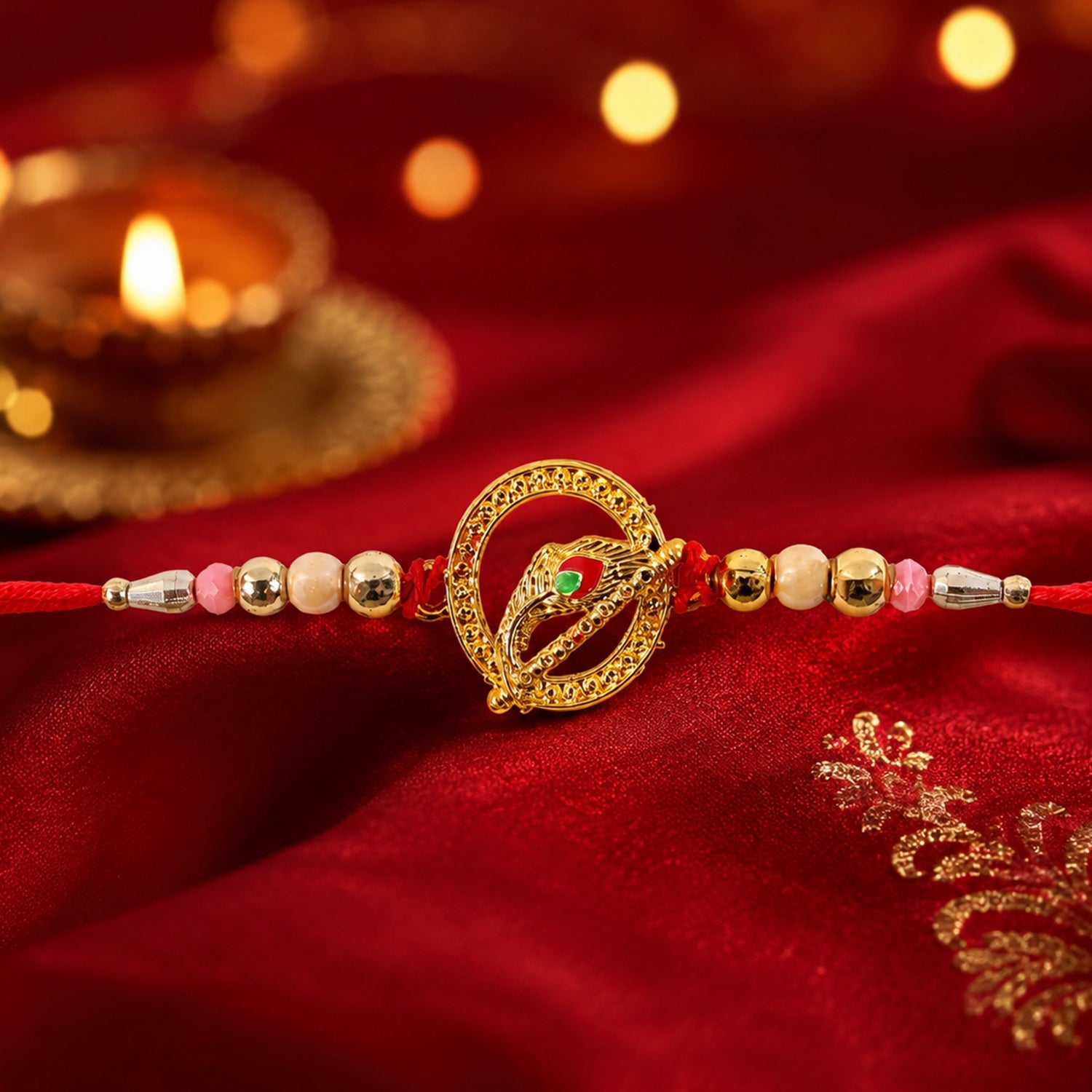 Golden Peacock Spiral Rakhi with Beads