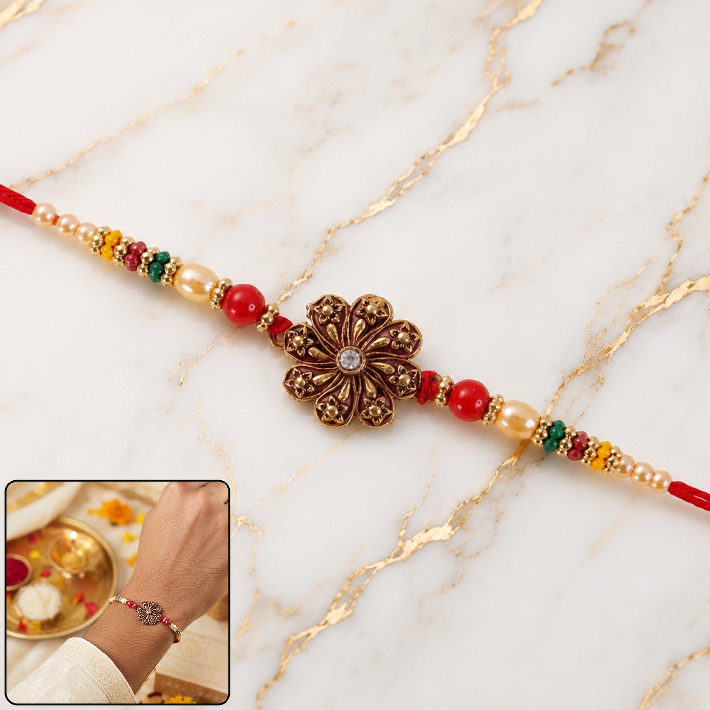 Antique Oxidised Floral Rakhi with Multicolour Beads