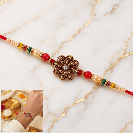 Antique Oxidised Floral Rakhi with Multicolour Beads