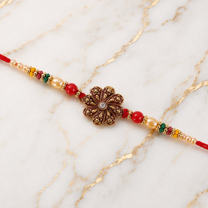 Antique Oxidised Floral Rakhi with Multicolour Beads