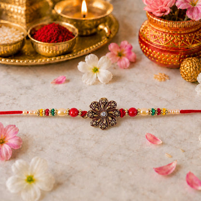 Antique Oxidised Floral Rakhi with Multicolour Beads