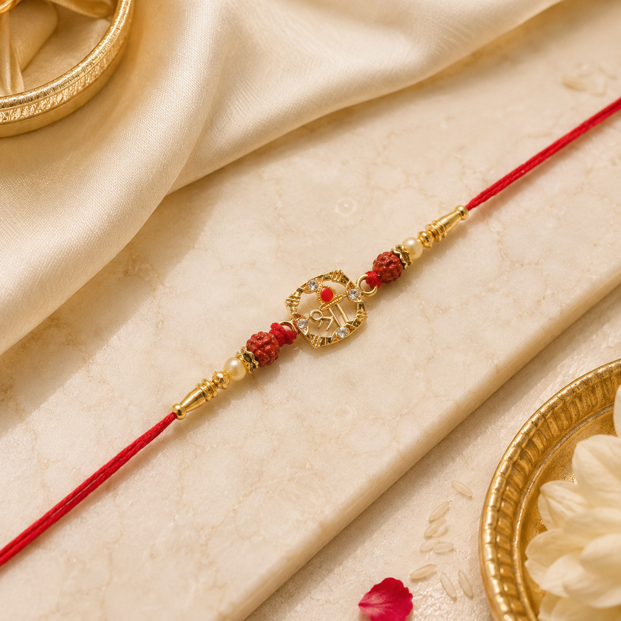 Rudraksha Rakhi with Golden Floral Ring