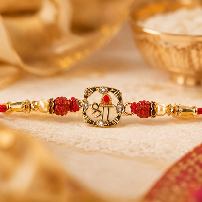 Rudraksha Rakhi with Golden Floral Ring