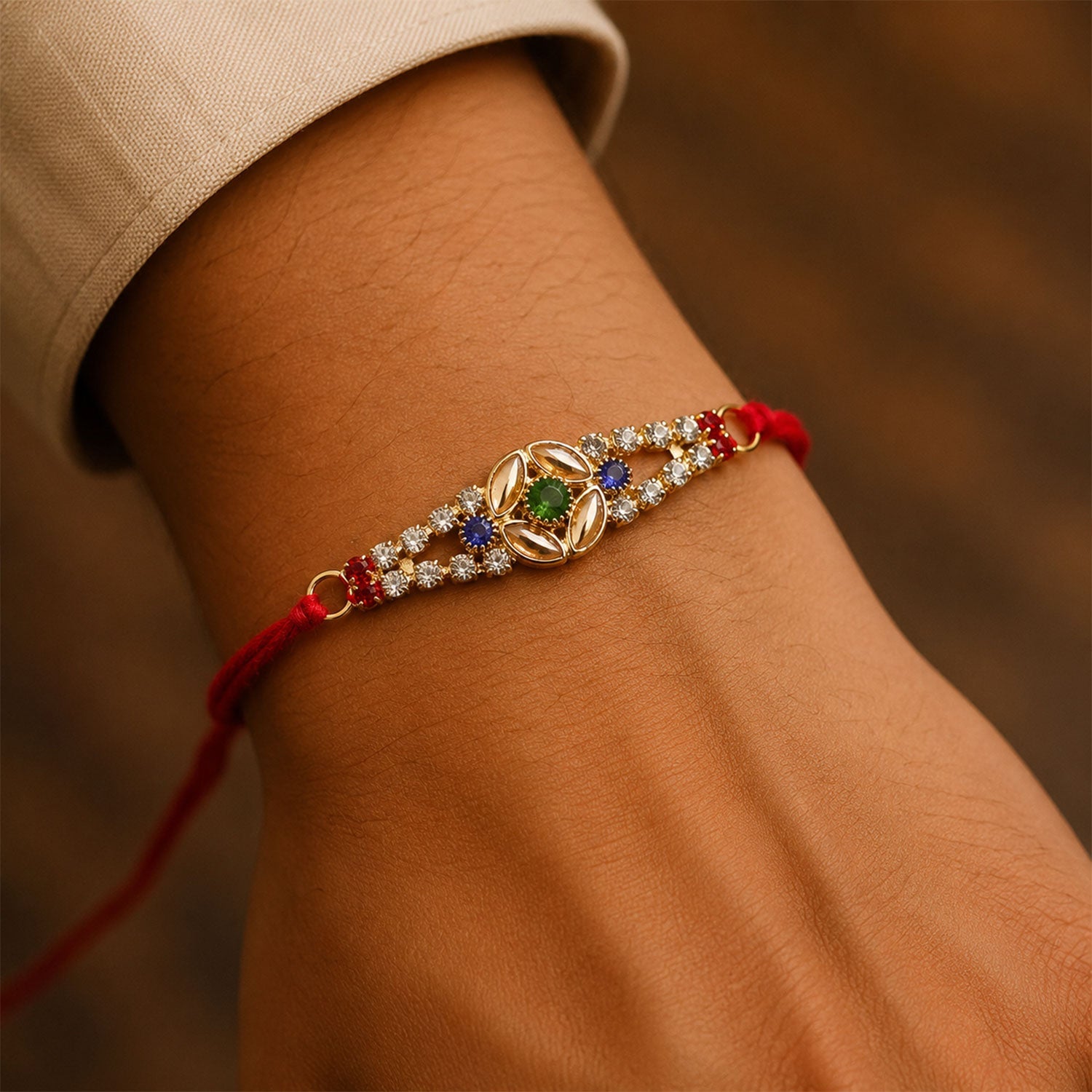Blue & Green Kundan Floral Rakhi with American Diamonds