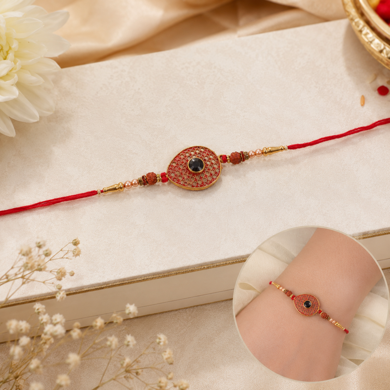 Red Meenakari Oval Disc Rakhi with Rudraksha & Pearls