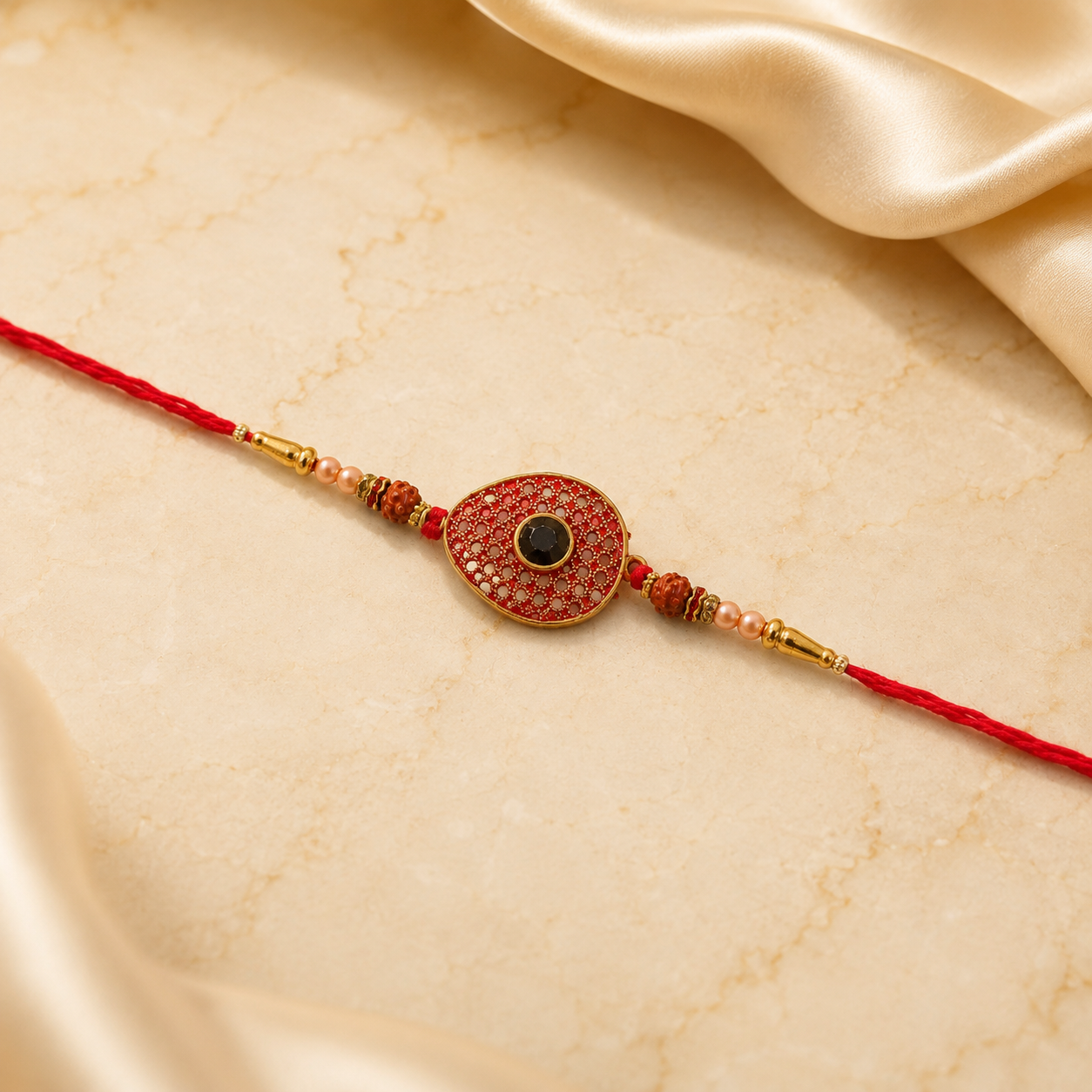Red Meenakari Oval Disc Rakhi with Rudraksha & Pearls